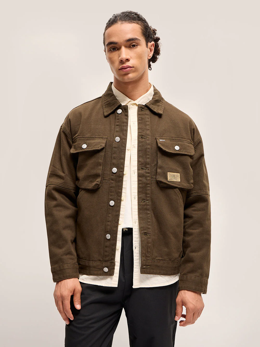 Men Olive Solid Regular Fit Denim Jacket