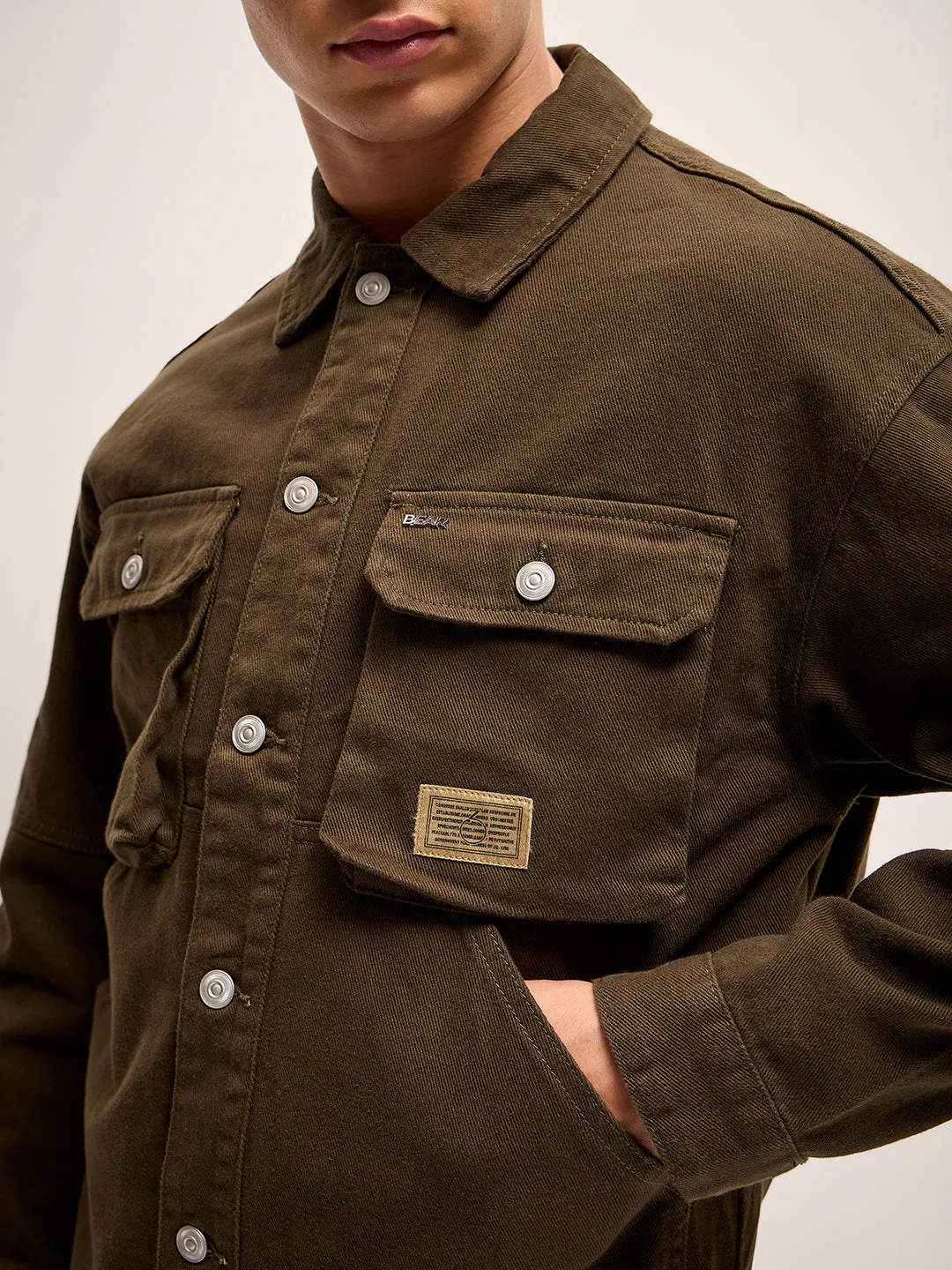 Men Olive Solid Regular Fit Denim Jacket - Image 5