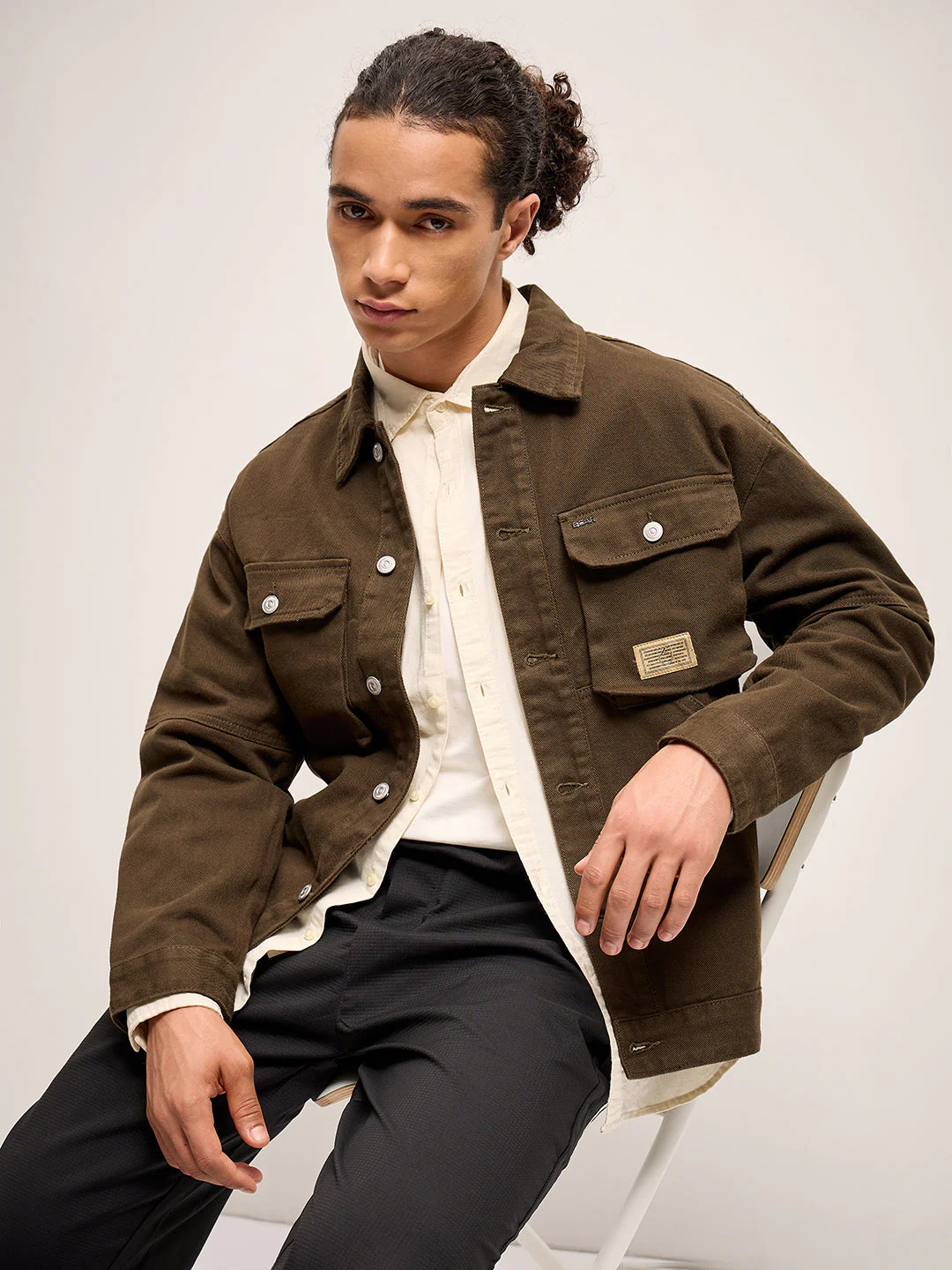 Men Olive Solid Regular Fit Denim Jacket - Image 6