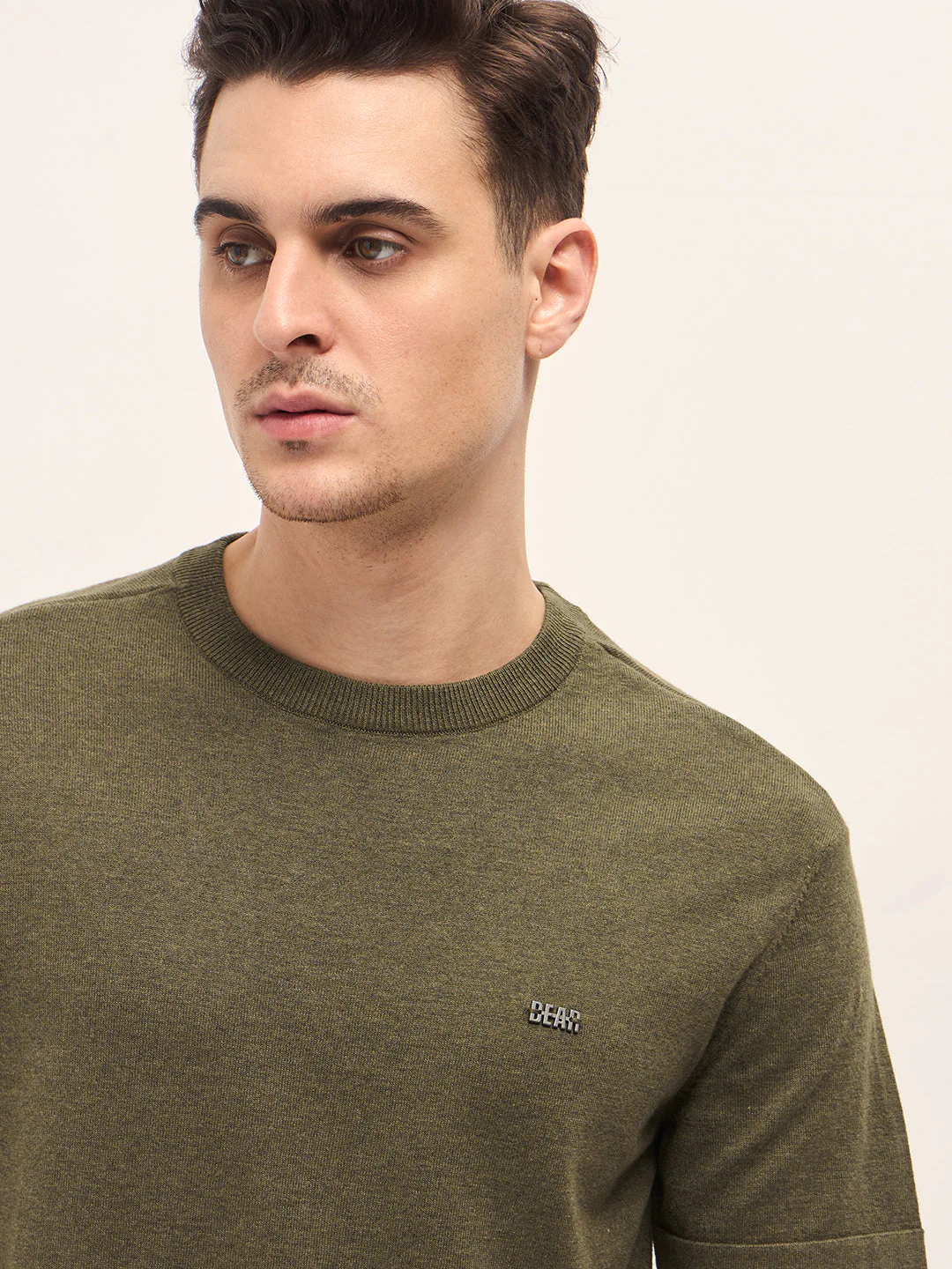 Men Olive Solid Regular Fit Ribbed Crew Neck T-shirt - Image 5