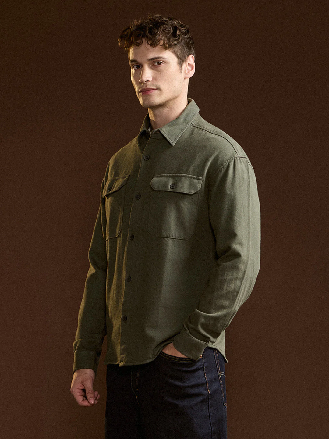 Men Olive Solid Relax Fit Overshirt - Image 3