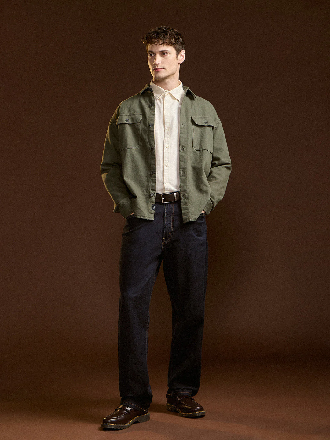 Men Olive Solid Relax Fit Overshirt - Image 4