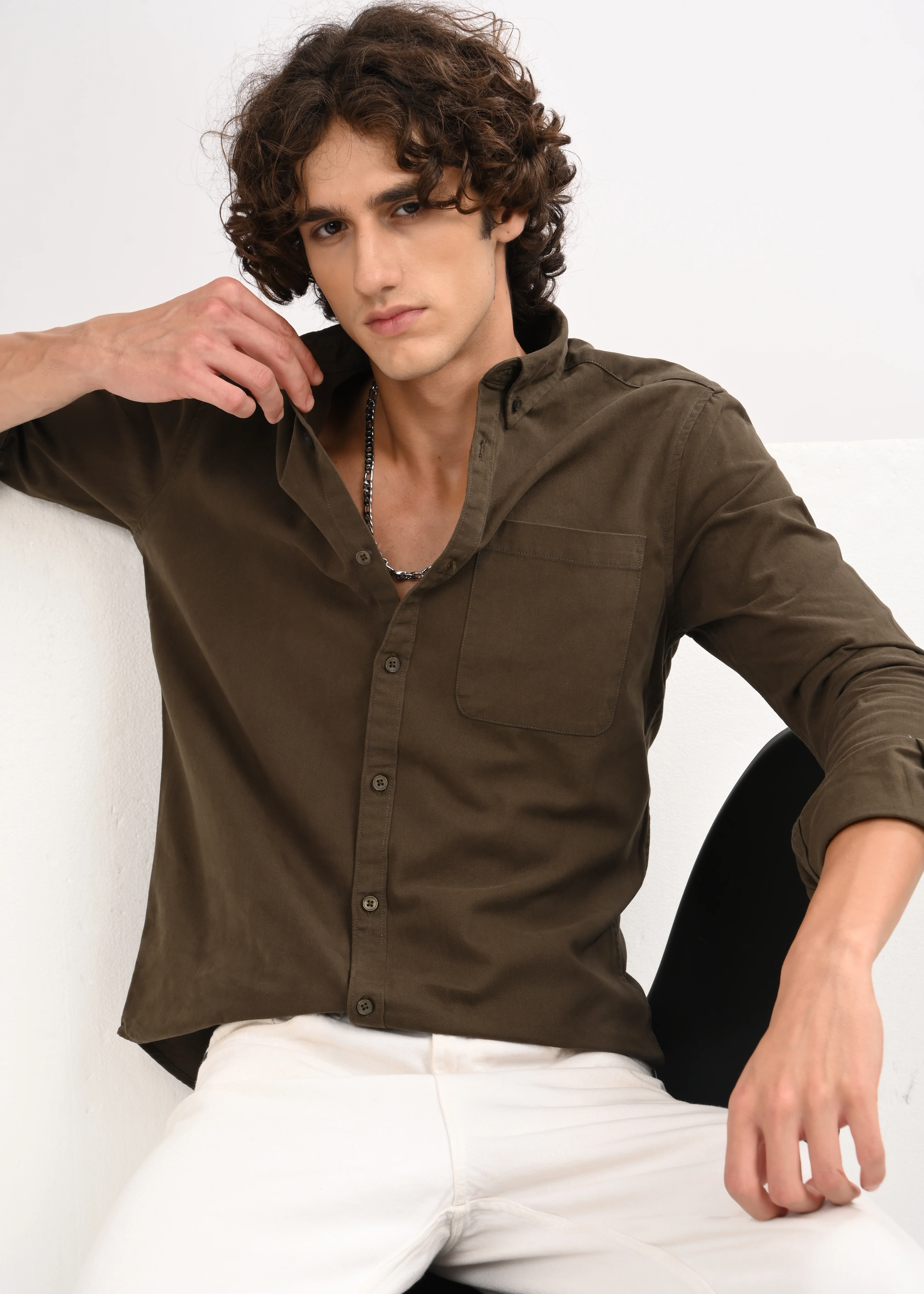 Men Olive Solid Shirt - Image 2