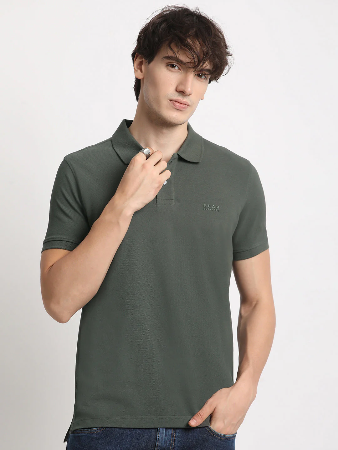 Men Olive Solid Slim Fit Polo Collar T-shirt