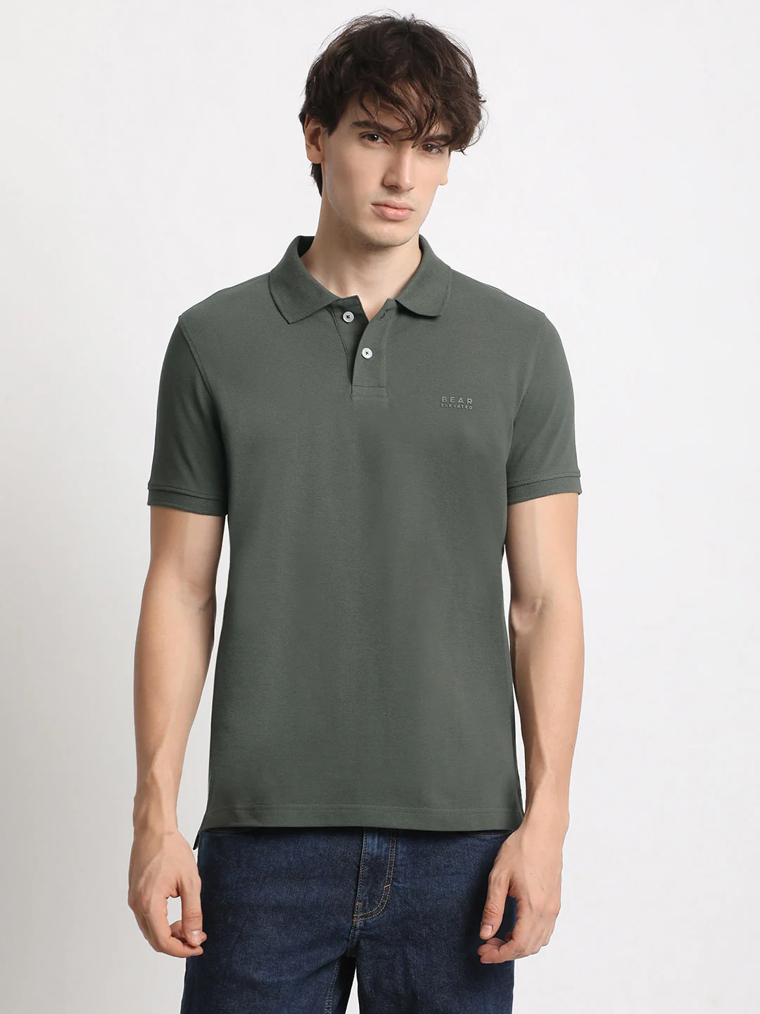 Men Olive Solid Slim Fit Polo Collar T-shirt - Image 2