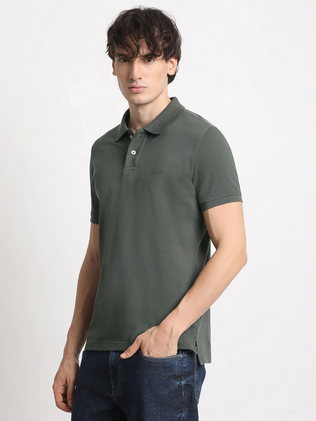 Men Olive Solid Slim Fit Polo Collar T-shirt - Image 3