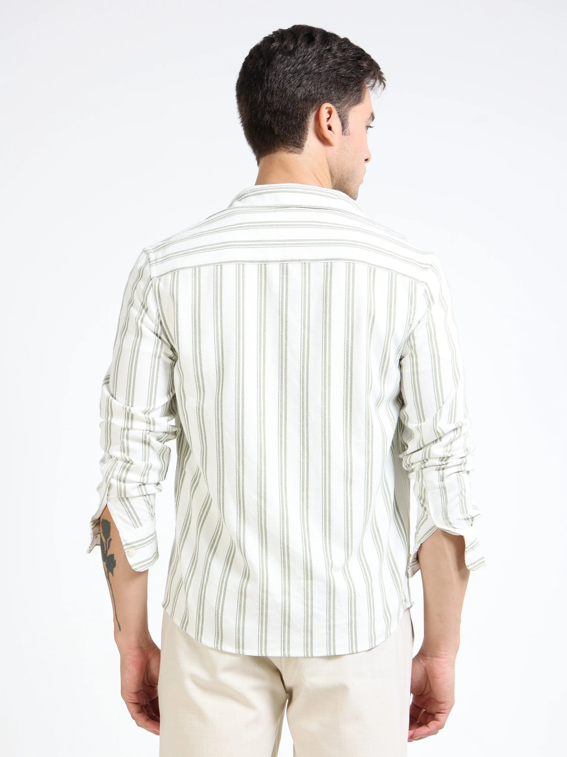Men Olive Striped Shirt - Image 3