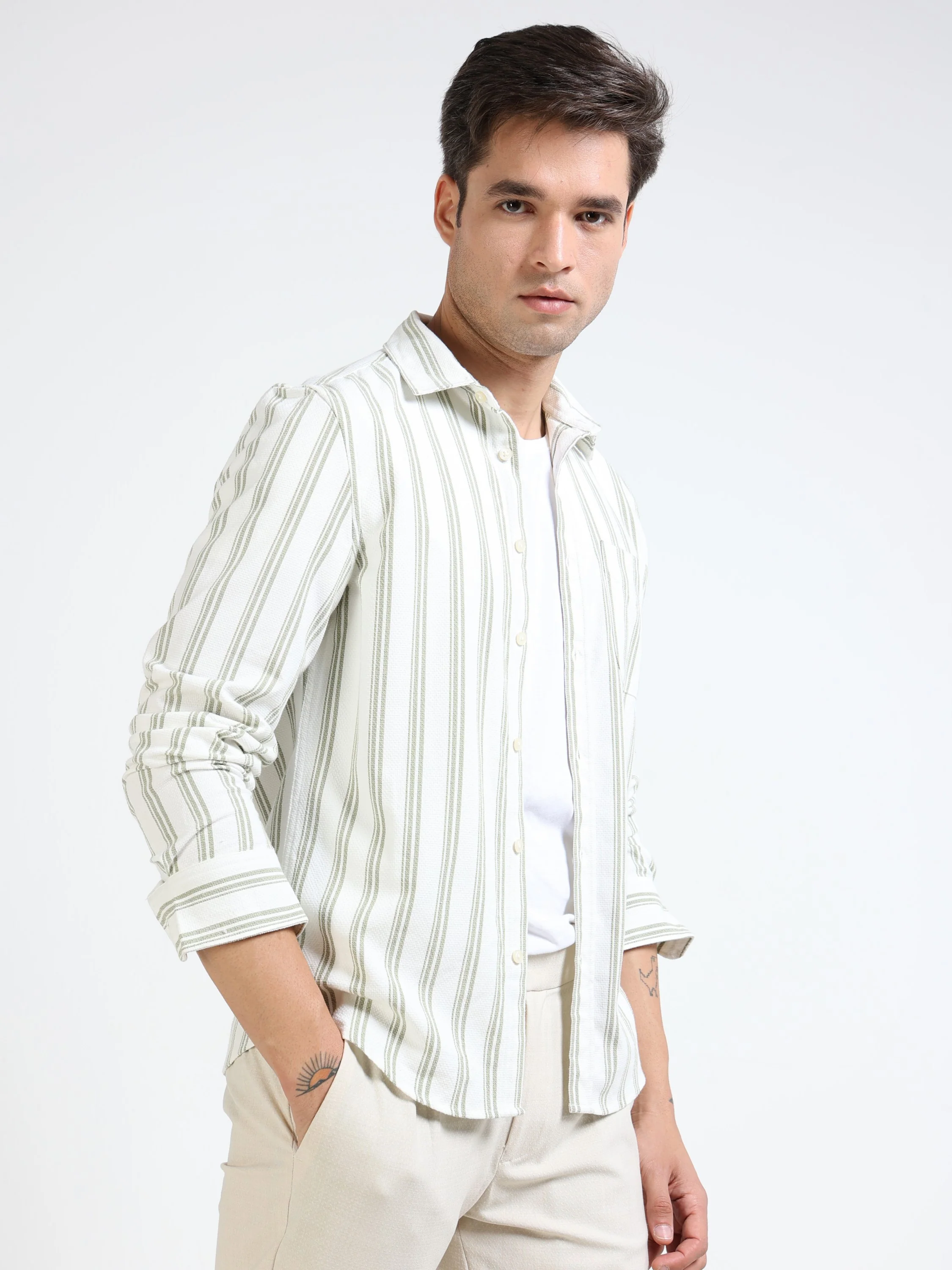 Men Olive Striped Shirt - Image 5