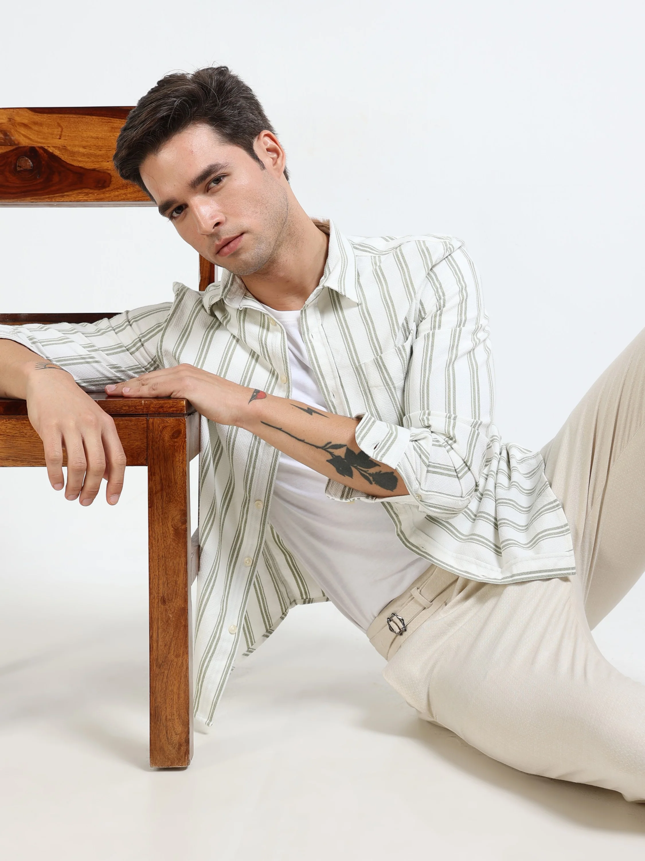 Men Olive Striped Shirt - Image 6