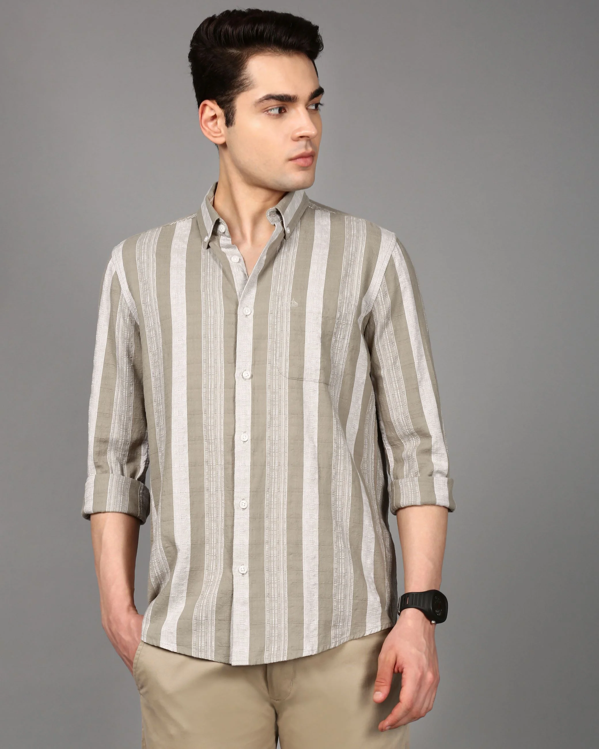 Men Olive Striped Shirt - Image 2