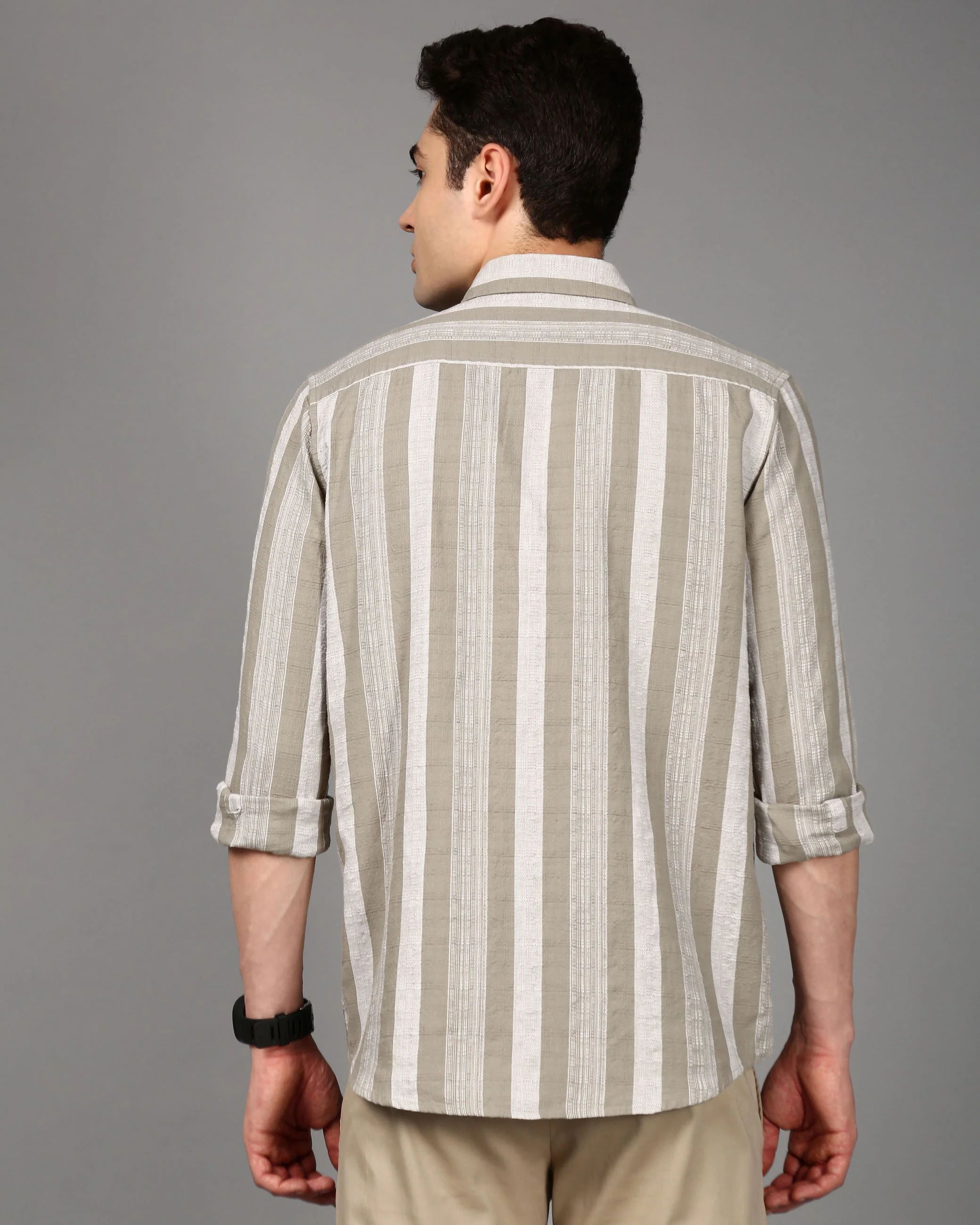 Men Olive Striped Shirt - Image 3