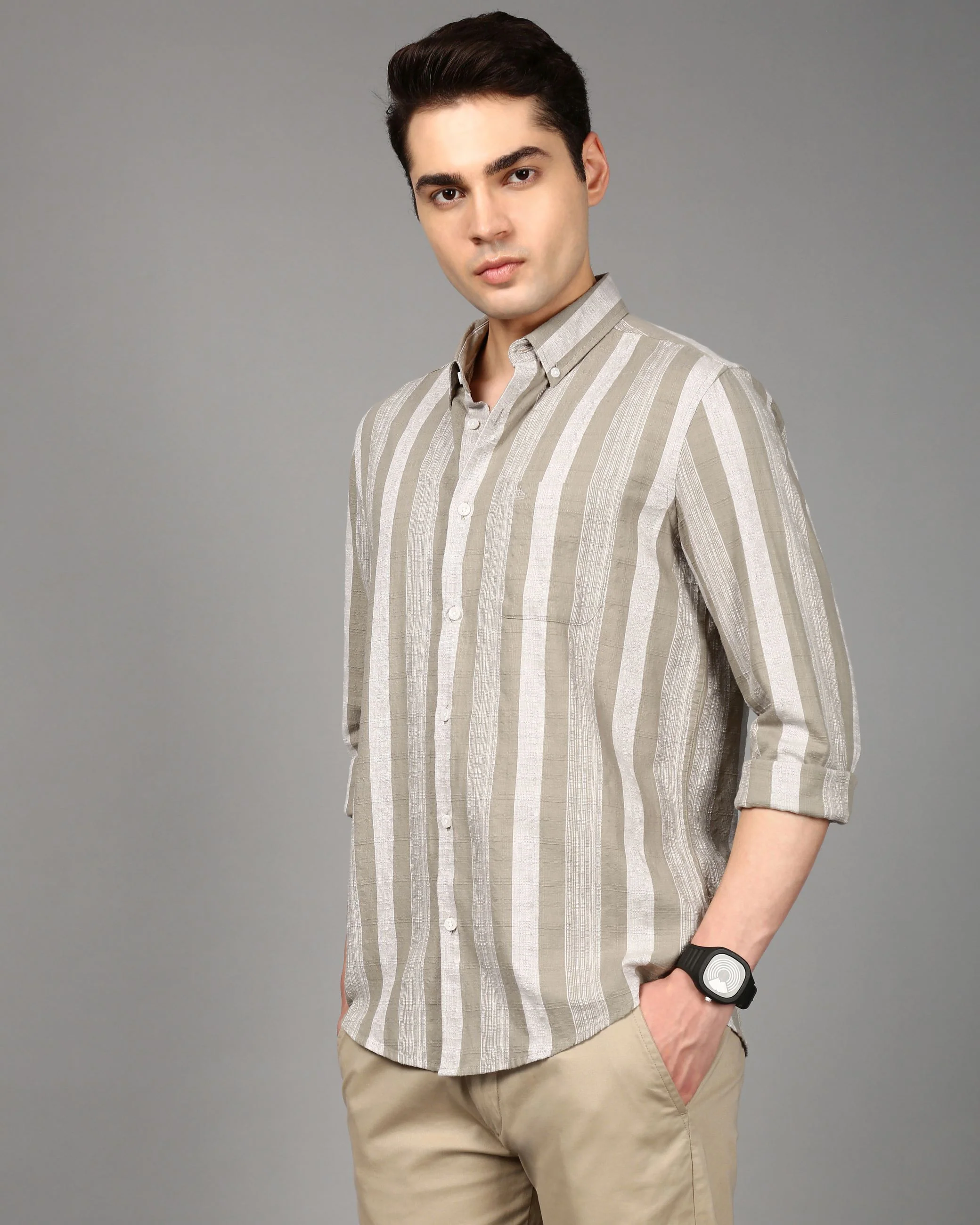 Men Olive Striped Shirt - Image 5