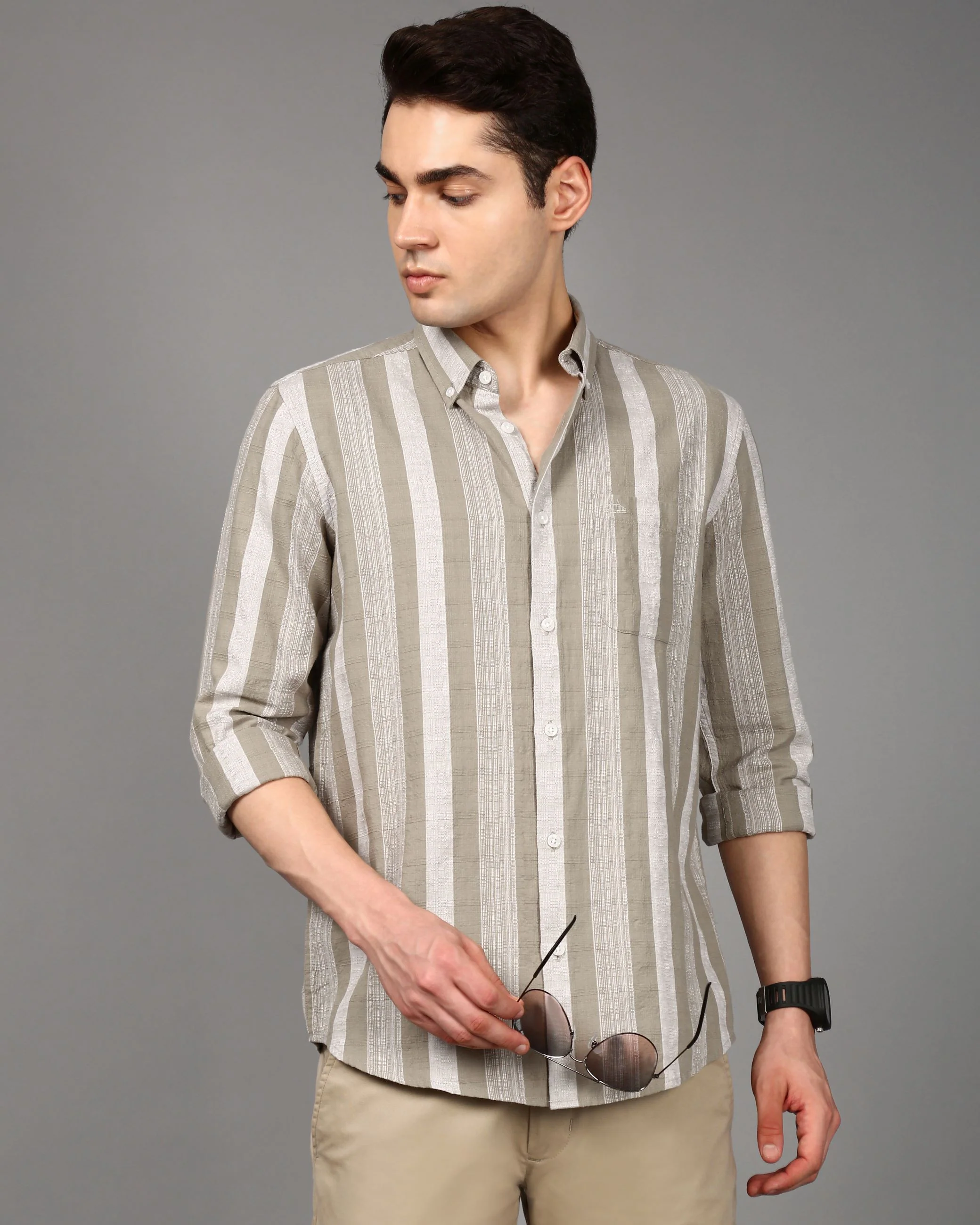Men Olive Striped Shirt - Image 6