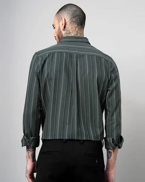 Men Olive Striped Shirt - Image 2