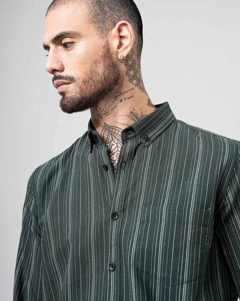 Men Olive Striped Shirt - Image 3