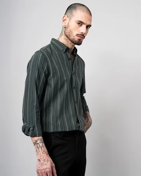 Men Olive Striped Shirt - Image 7