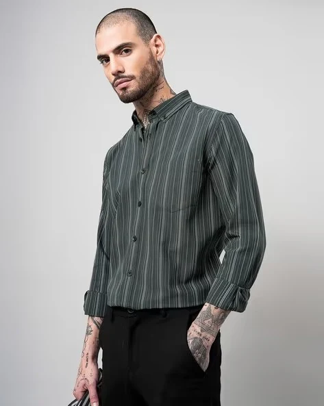 Men Olive Striped Shirt - Image 8