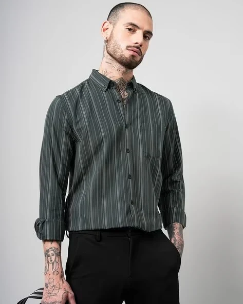 Men Olive Striped Shirt - Image 9