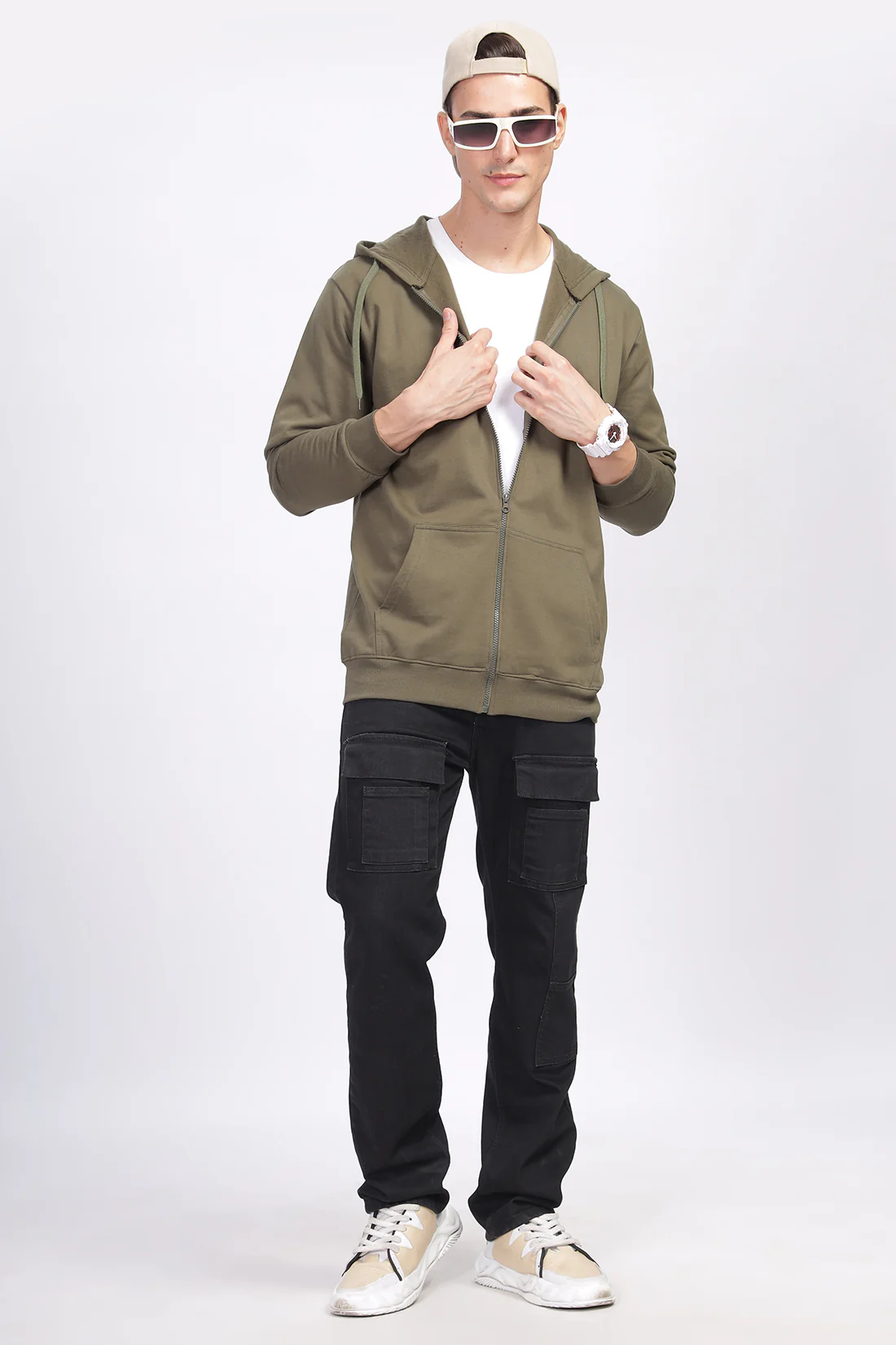 Men Olive Sweatshirt With Zipper Hoodies - Image 4