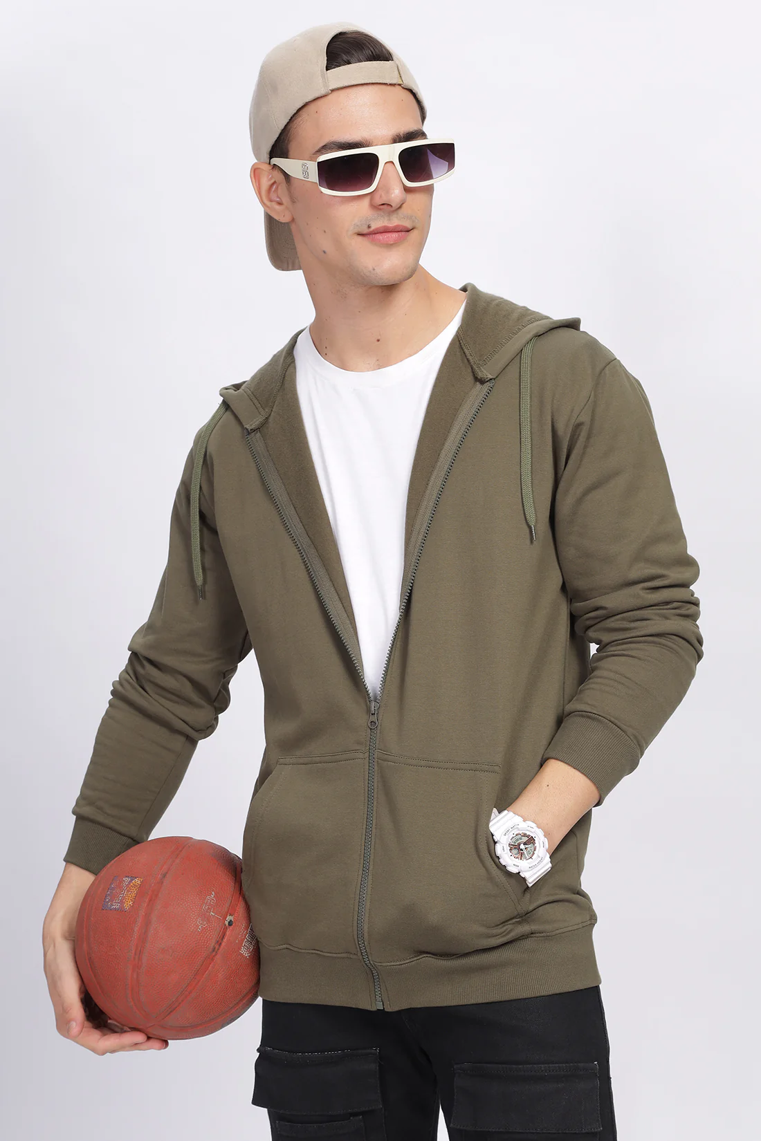 Men Olive Sweatshirt With Zipper Hoodies - Image 5