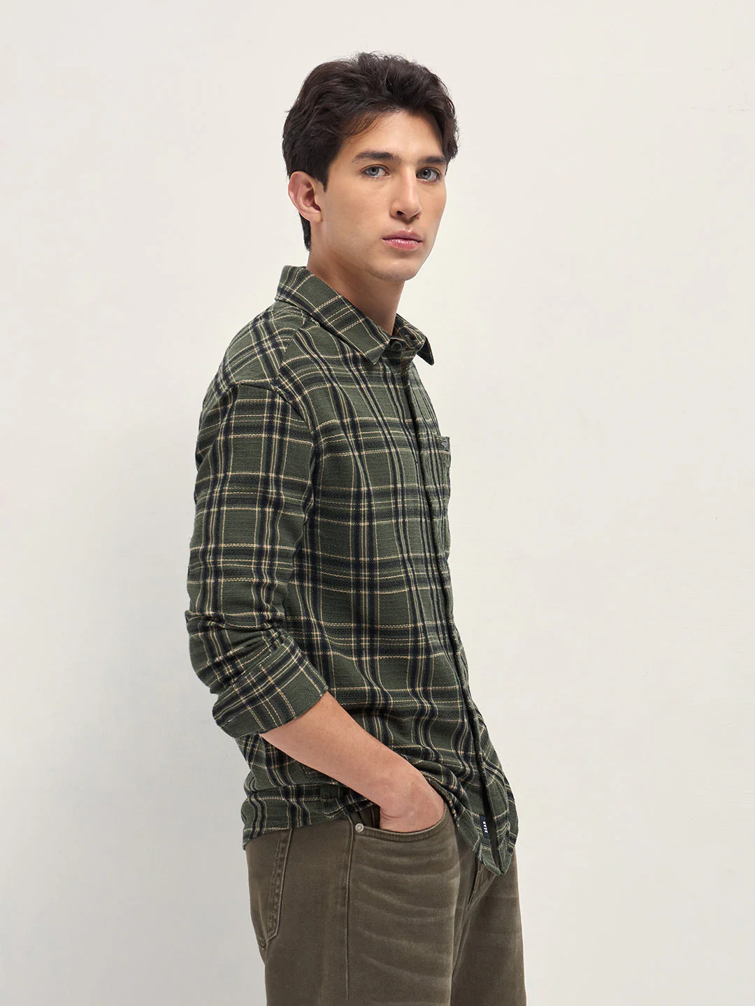 Men Olive Tartan Check Cotton Relaxed Fit Casual Shirt - Image 3