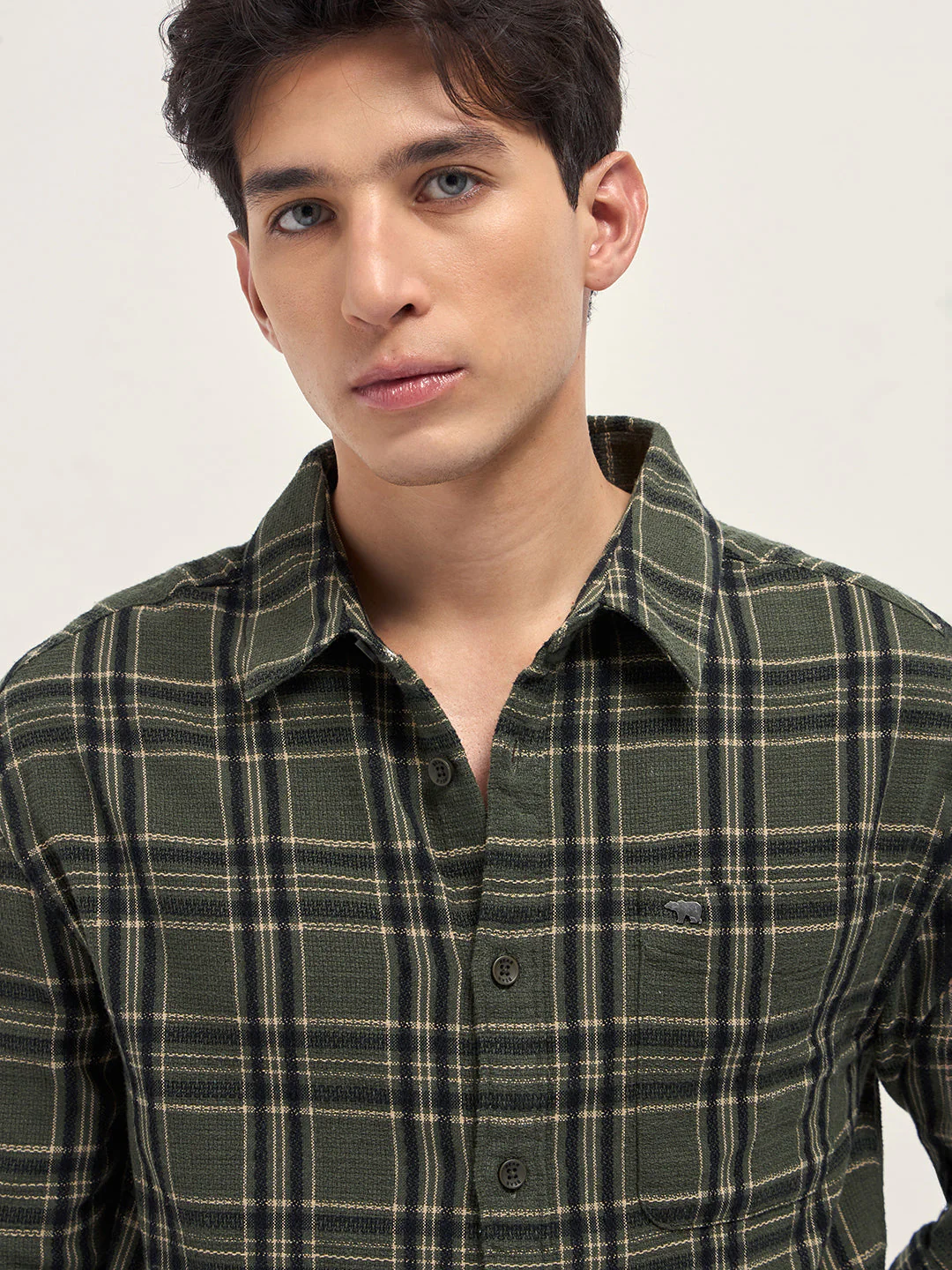 Men Olive Tartan Check Cotton Relaxed Fit Casual Shirt - Image 5