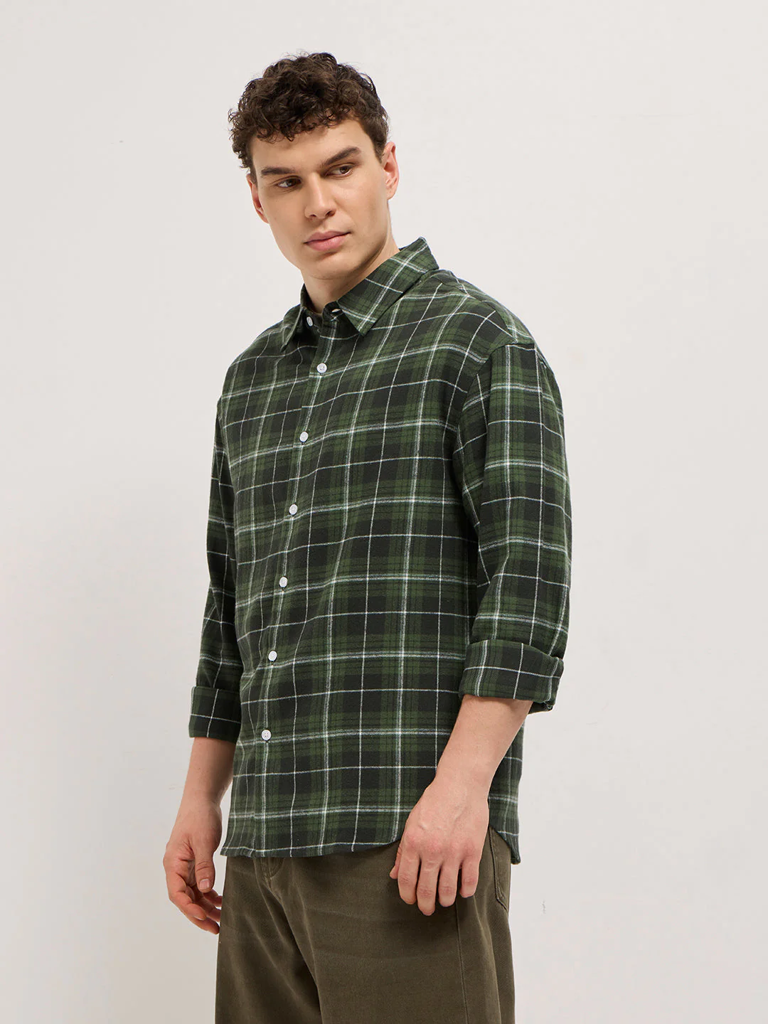 Men Olive Tartan Checked Relax Fit Overshirt - Image 3