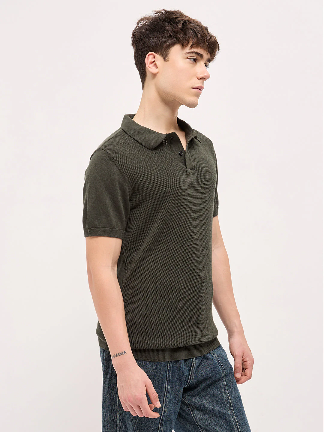 Men Olive Textured Knit Regular Fit Polo T-shirt - Image 3