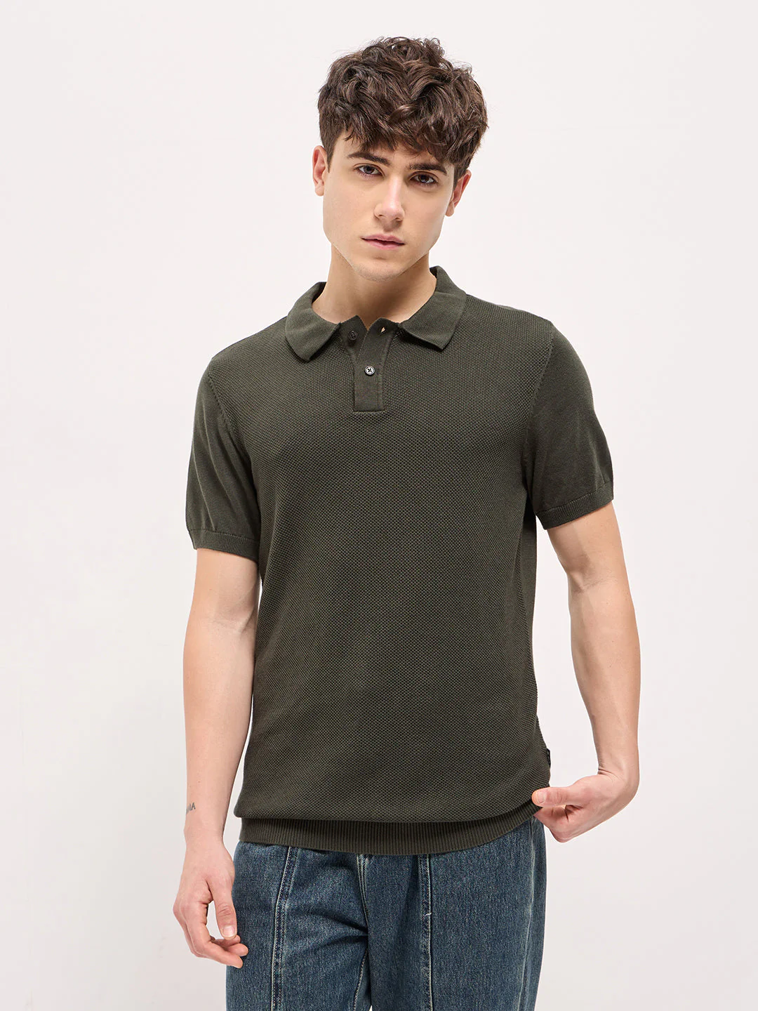Men Olive Textured Knit Regular Fit Polo T-shirt - Image 6