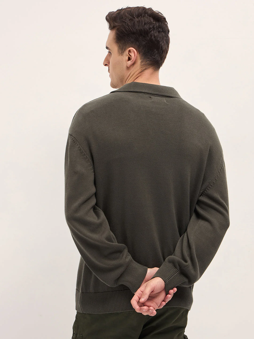 Men Olive Textured Knit Relaxed Fit Polo - Image 2