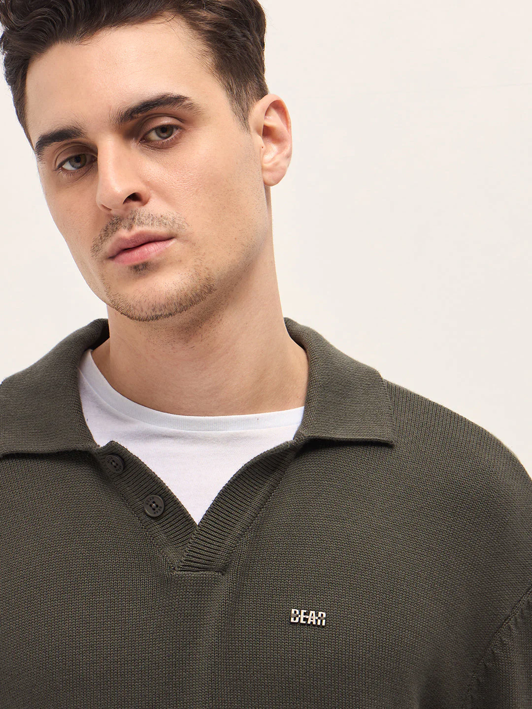 Men Olive Textured Knit Relaxed Fit Polo - Image 5