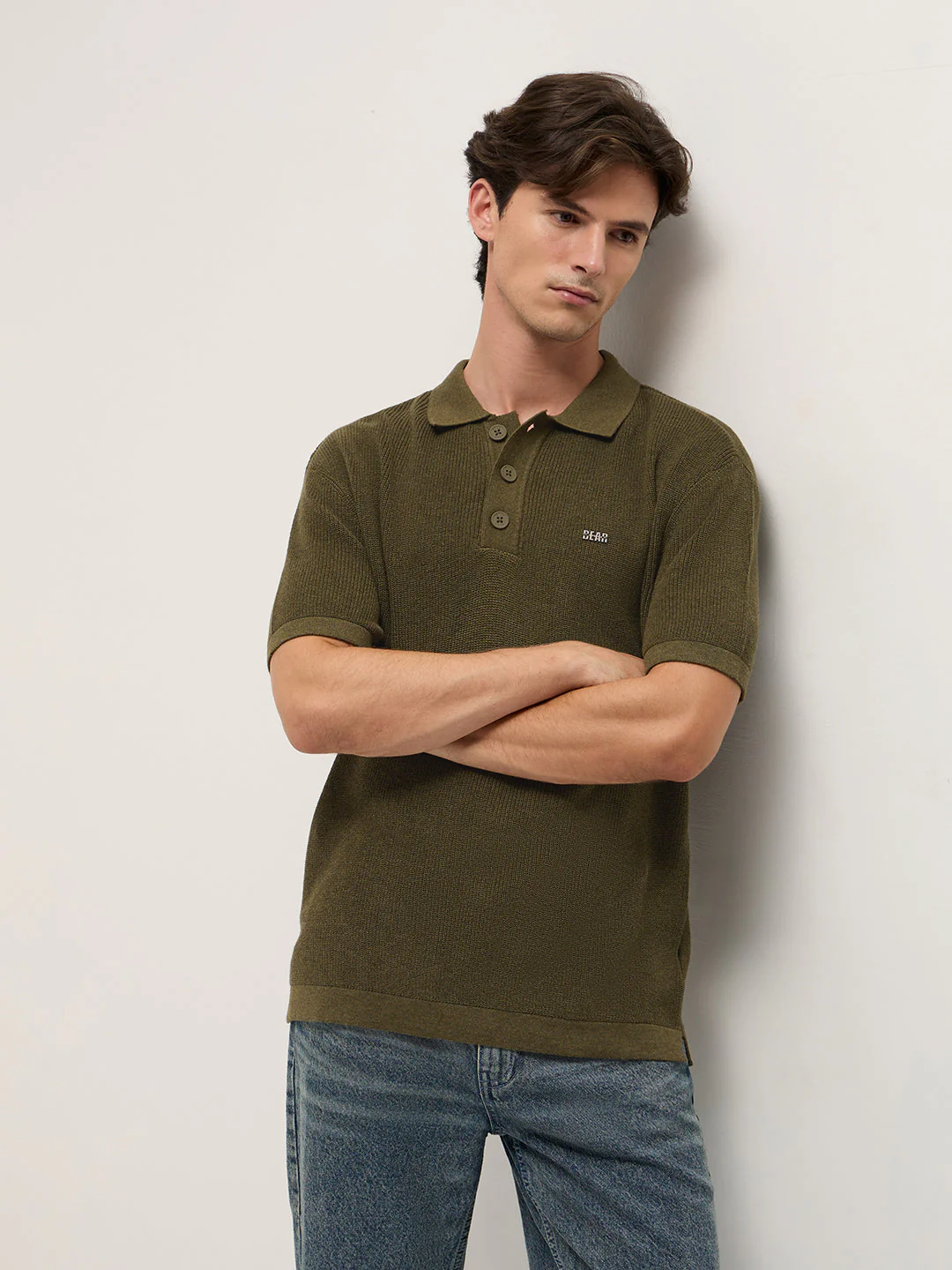 Men Olive Textured Knit Relaxed Fit Polo