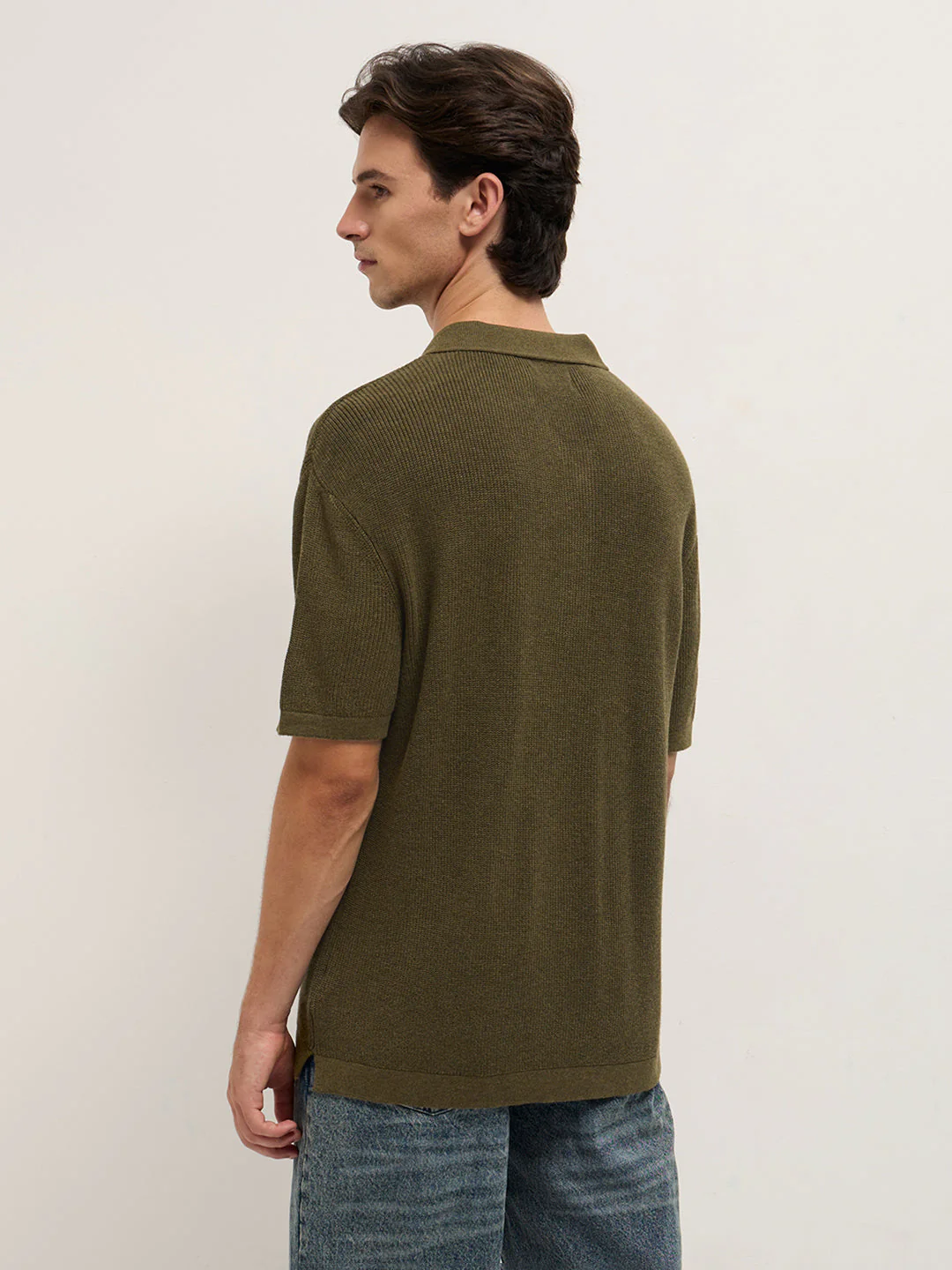 Men Olive Textured Knit Relaxed Fit Polo - Image 2
