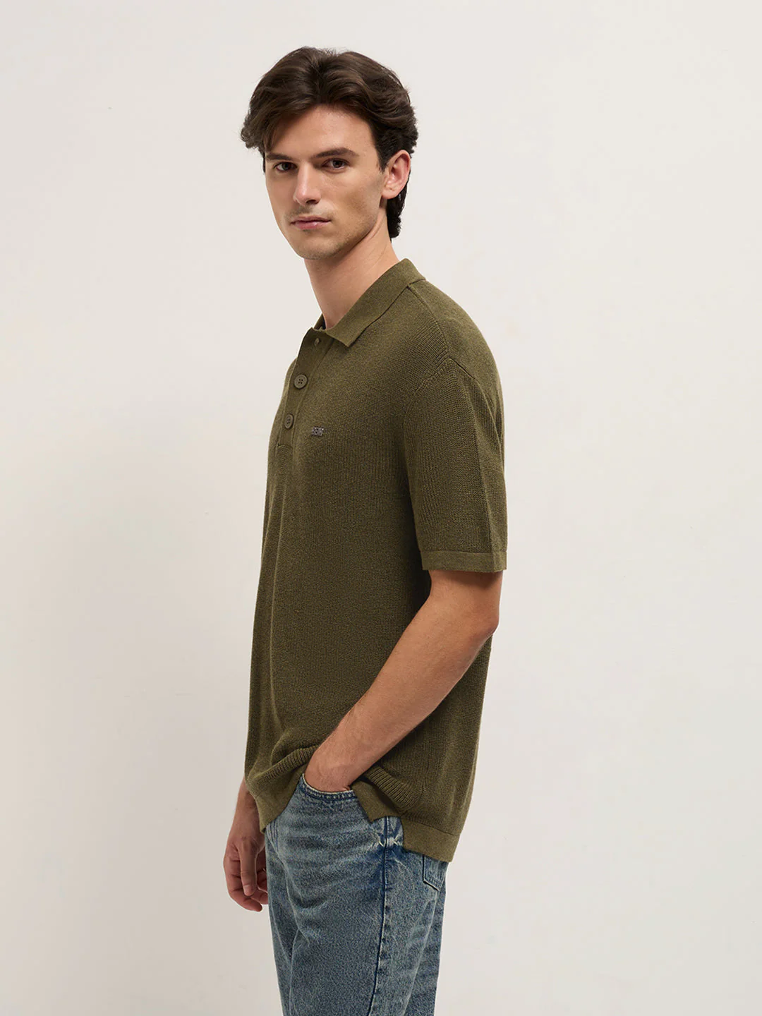 Men Olive Textured Knit Relaxed Fit Polo - Image 3