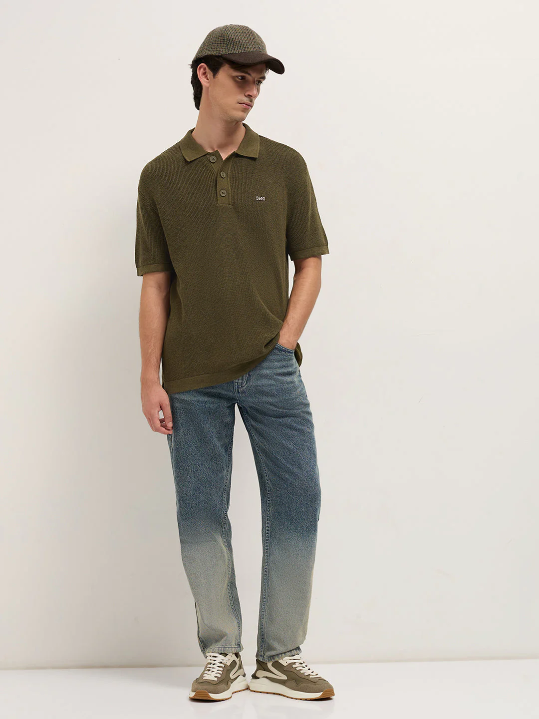 Men Olive Textured Knit Relaxed Fit Polo - Image 4