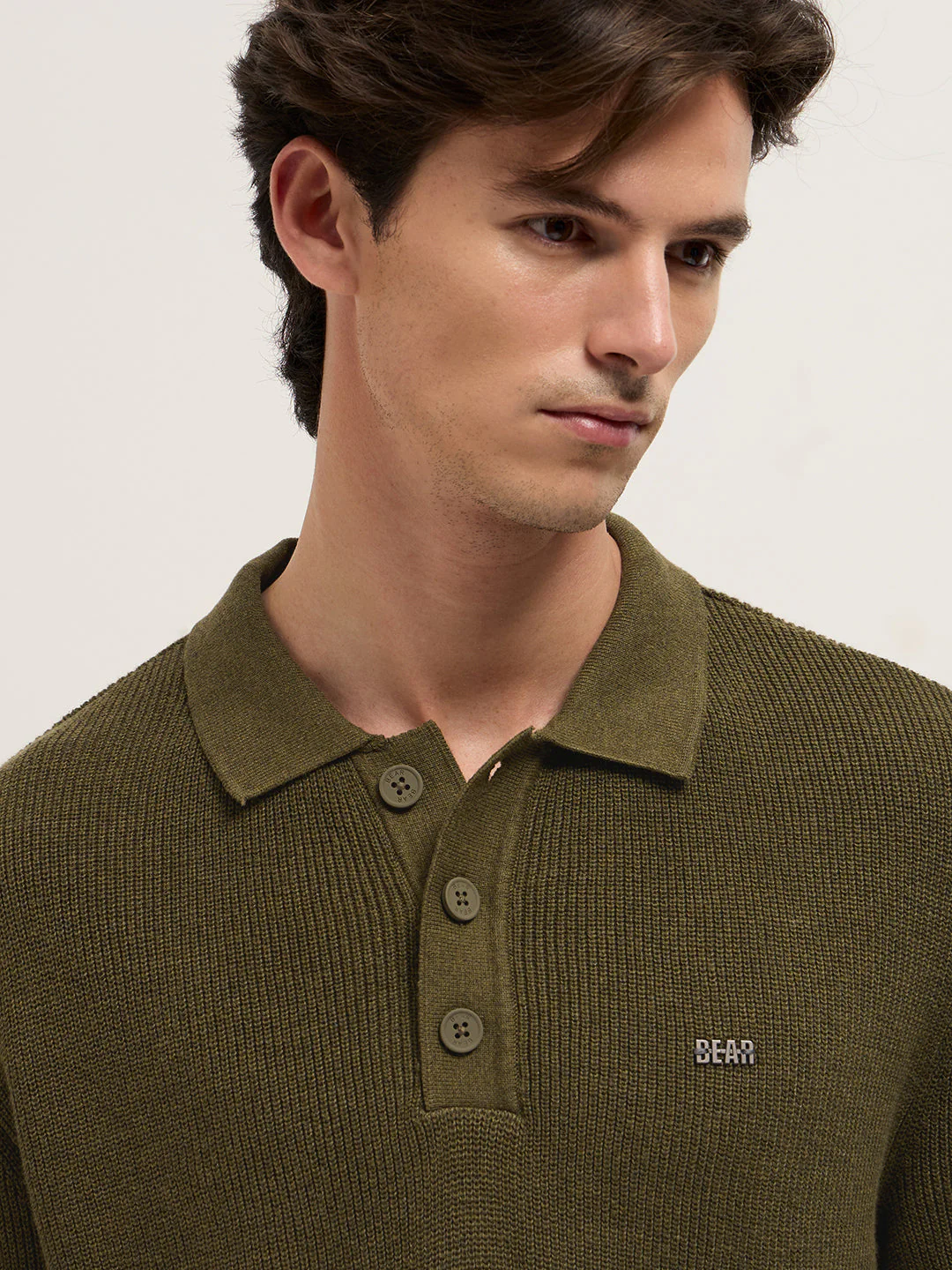 Men Olive Textured Knit Relaxed Fit Polo - Image 5