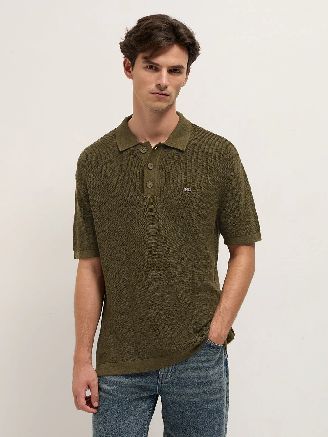 Men Olive Textured Knit Relaxed Fit Polo - Image 6