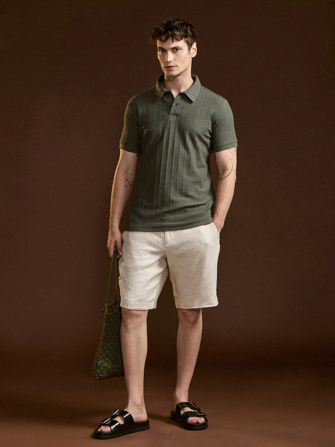 Men Olive Textured Regular Fit Polo - Image 4