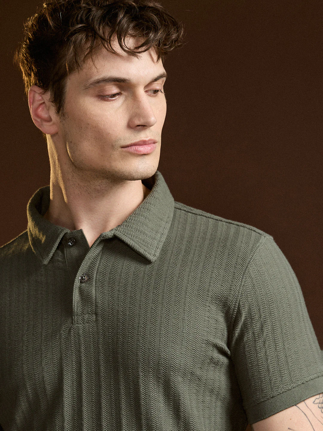 Men Olive Textured Regular Fit Polo - Image 5