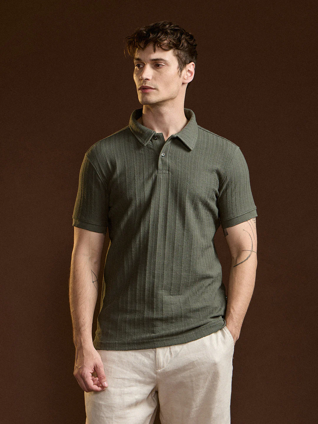 Men Olive Textured Regular Fit Polo - Image 6