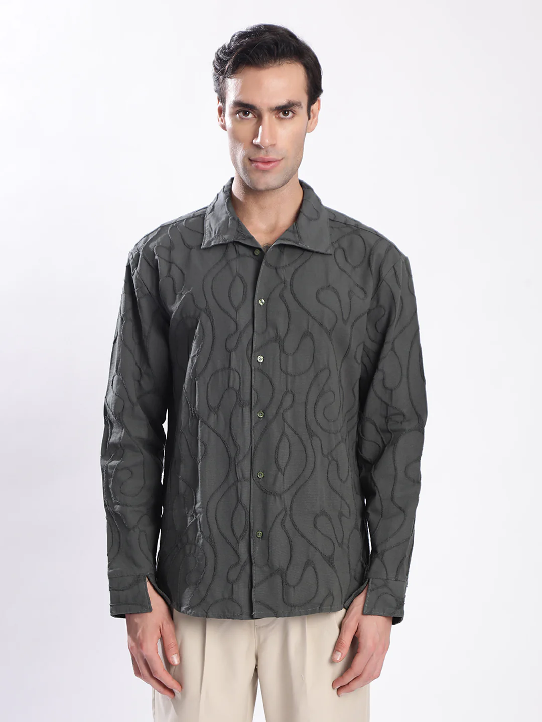 Men Olive Textured Shirt with stylized Collar - Image 2