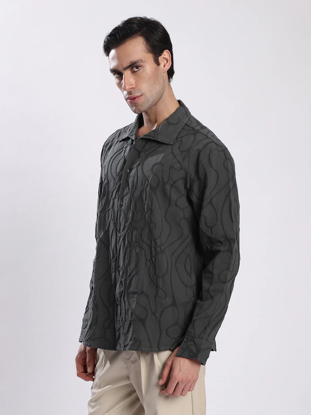 Men Olive Textured Shirt with stylized Collar - Image 3