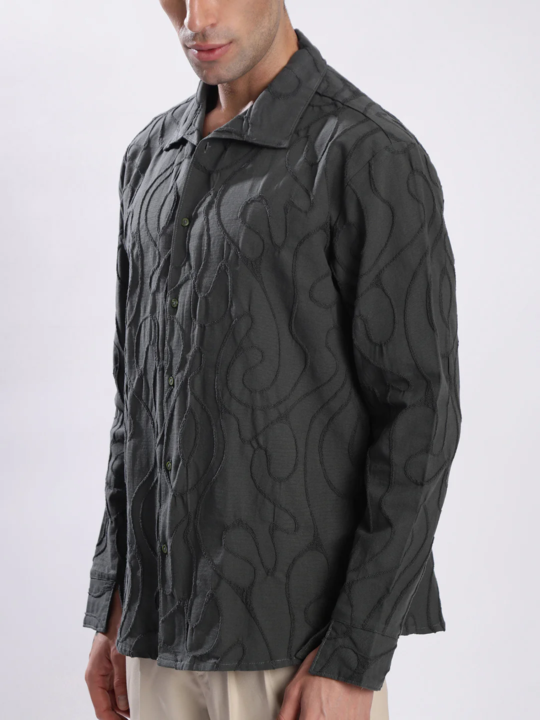 Men Olive Textured Shirt with stylized Collar - Image 4