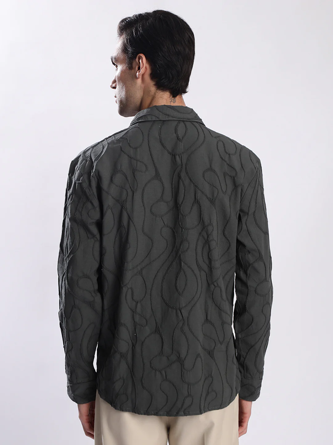 Men Olive Textured Shirt with stylized Collar - Image 5