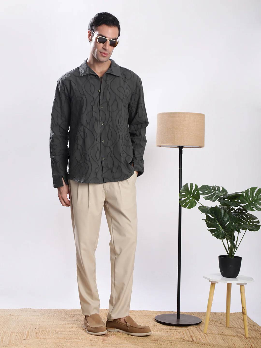 Men Olive Textured Shirt with stylized Collar - Image 7