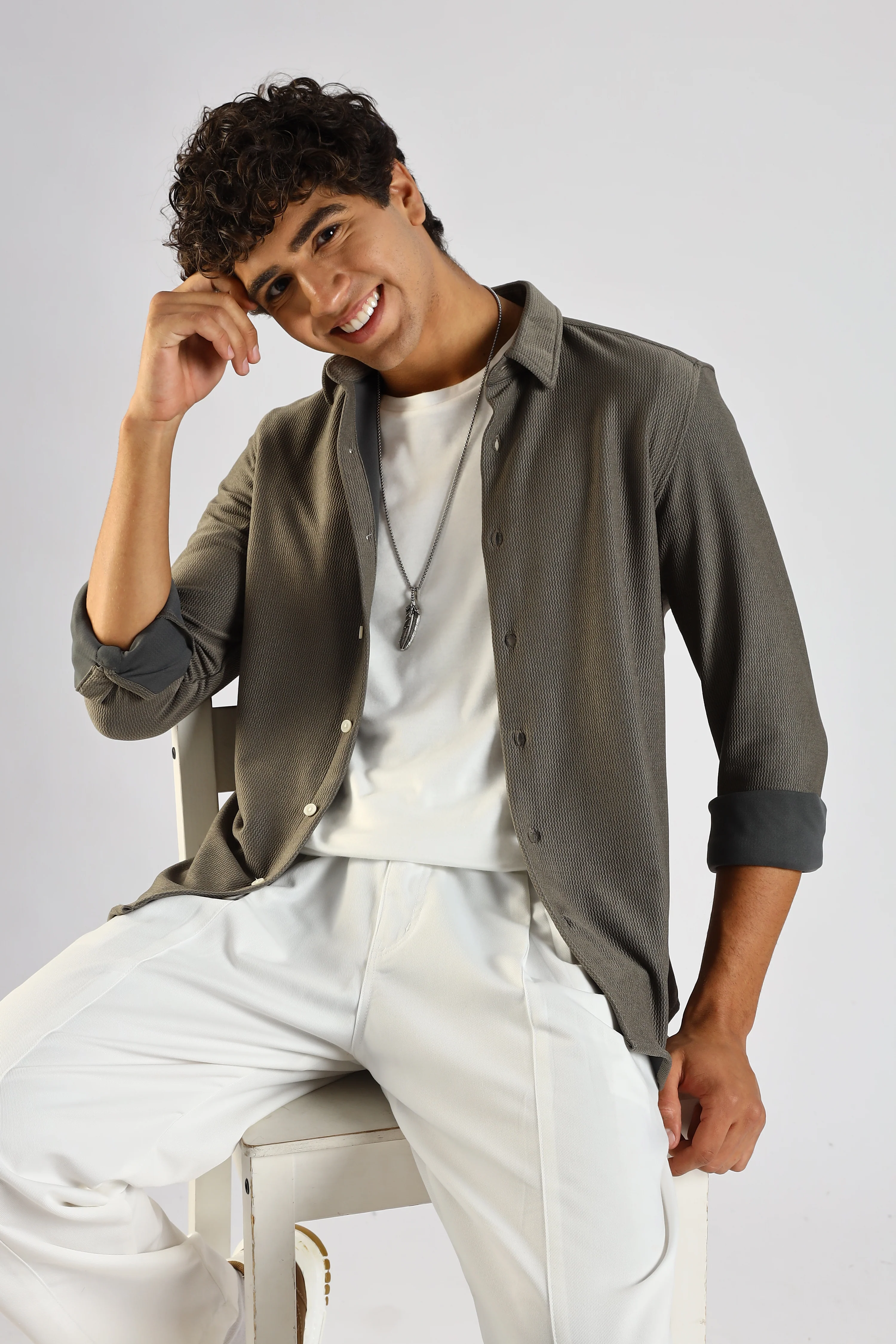 Men Olive Textured Spread Collar Shirt - Image 11