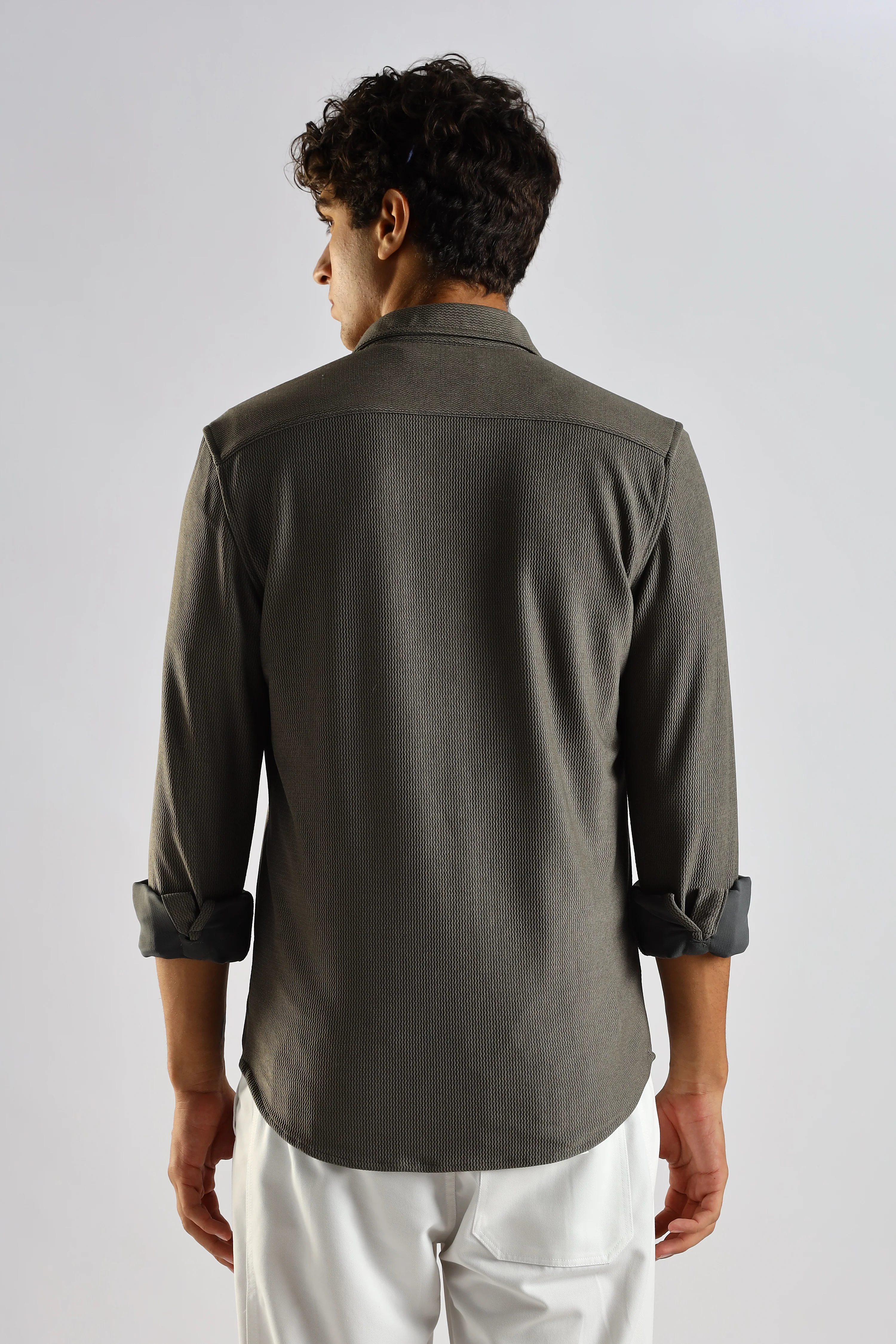 Men Olive Textured Spread Collar Shirt - Image 2