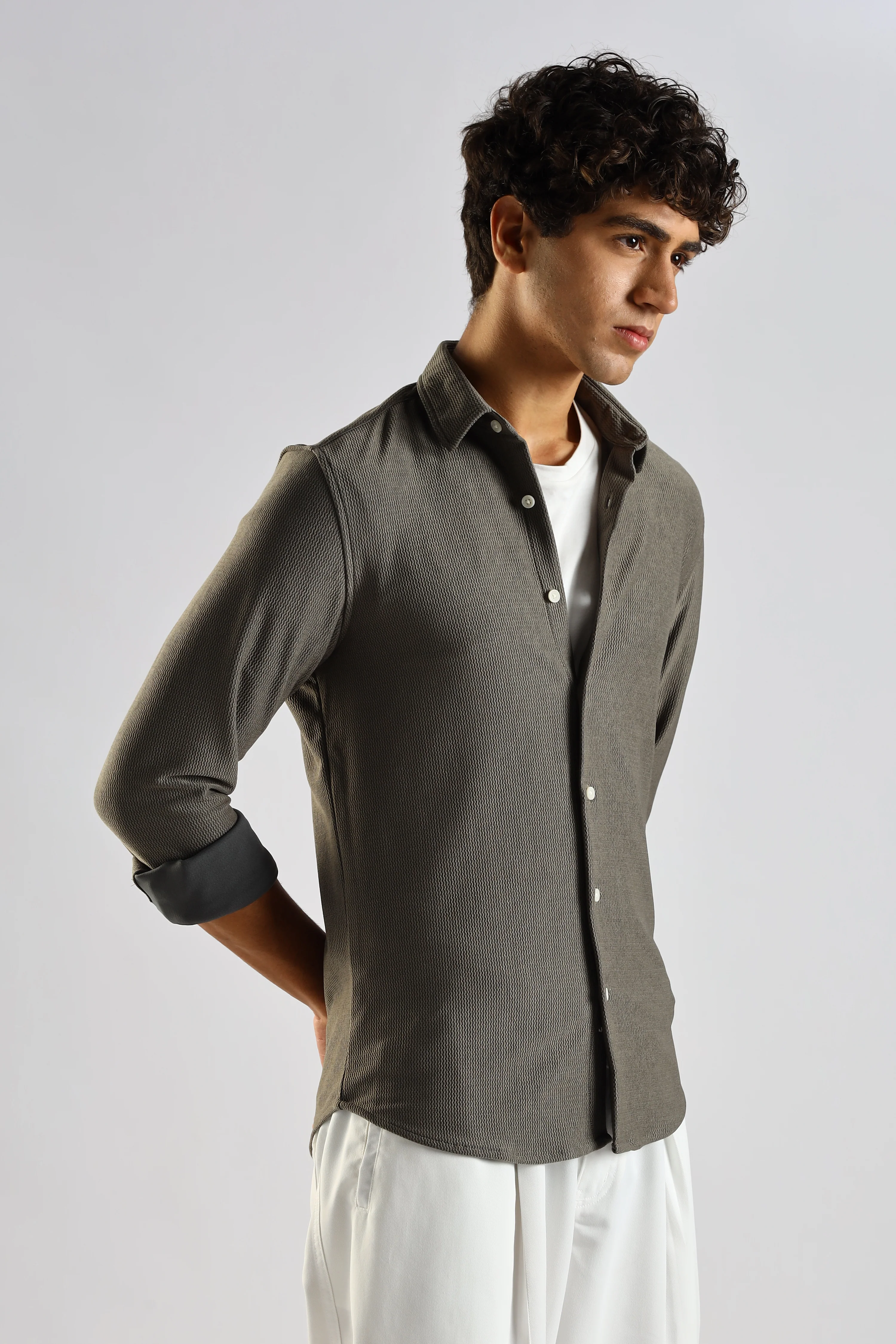 Men Olive Textured Spread Collar Shirt - Image 5