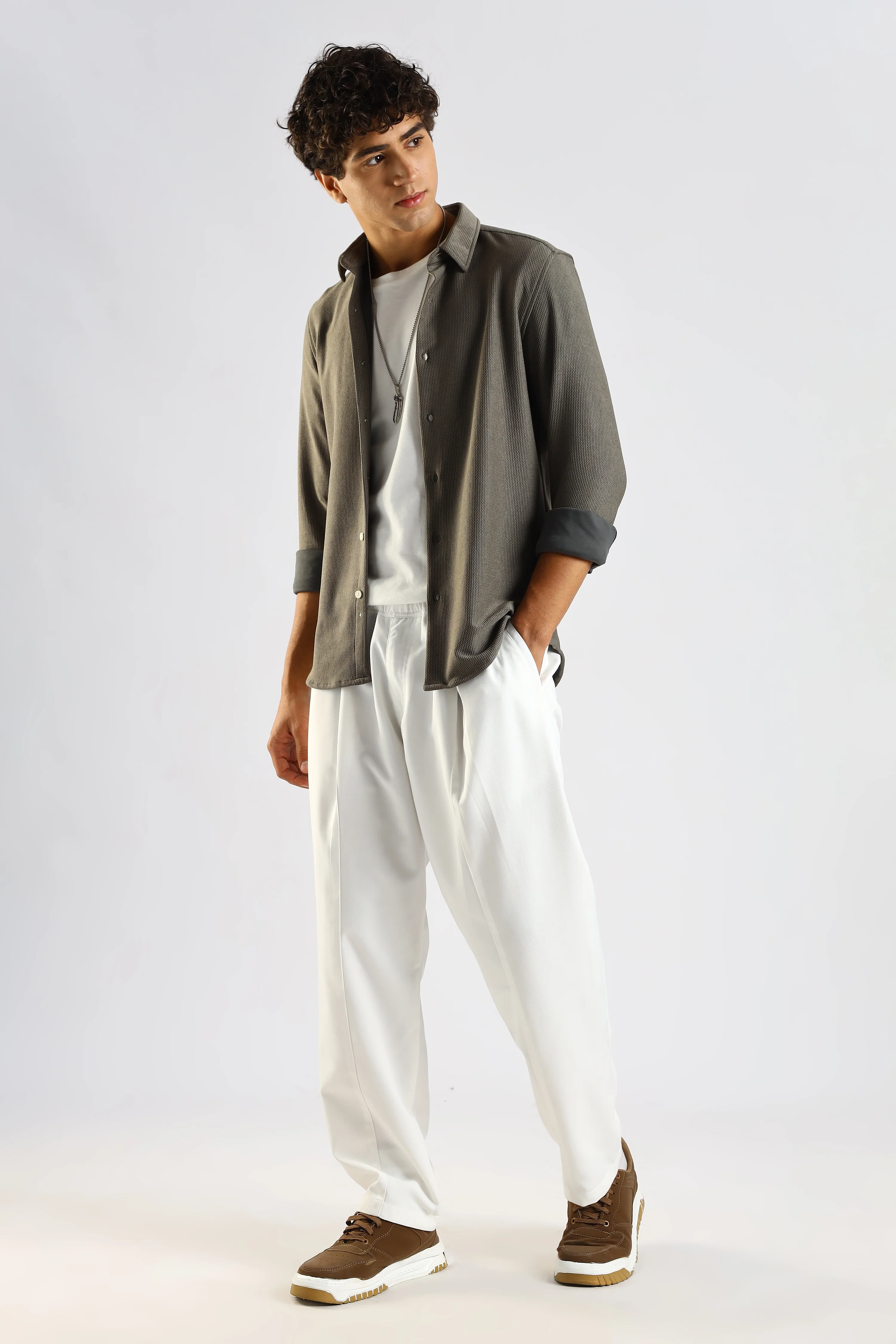 Men Olive Textured Spread Collar Shirt - Image 6