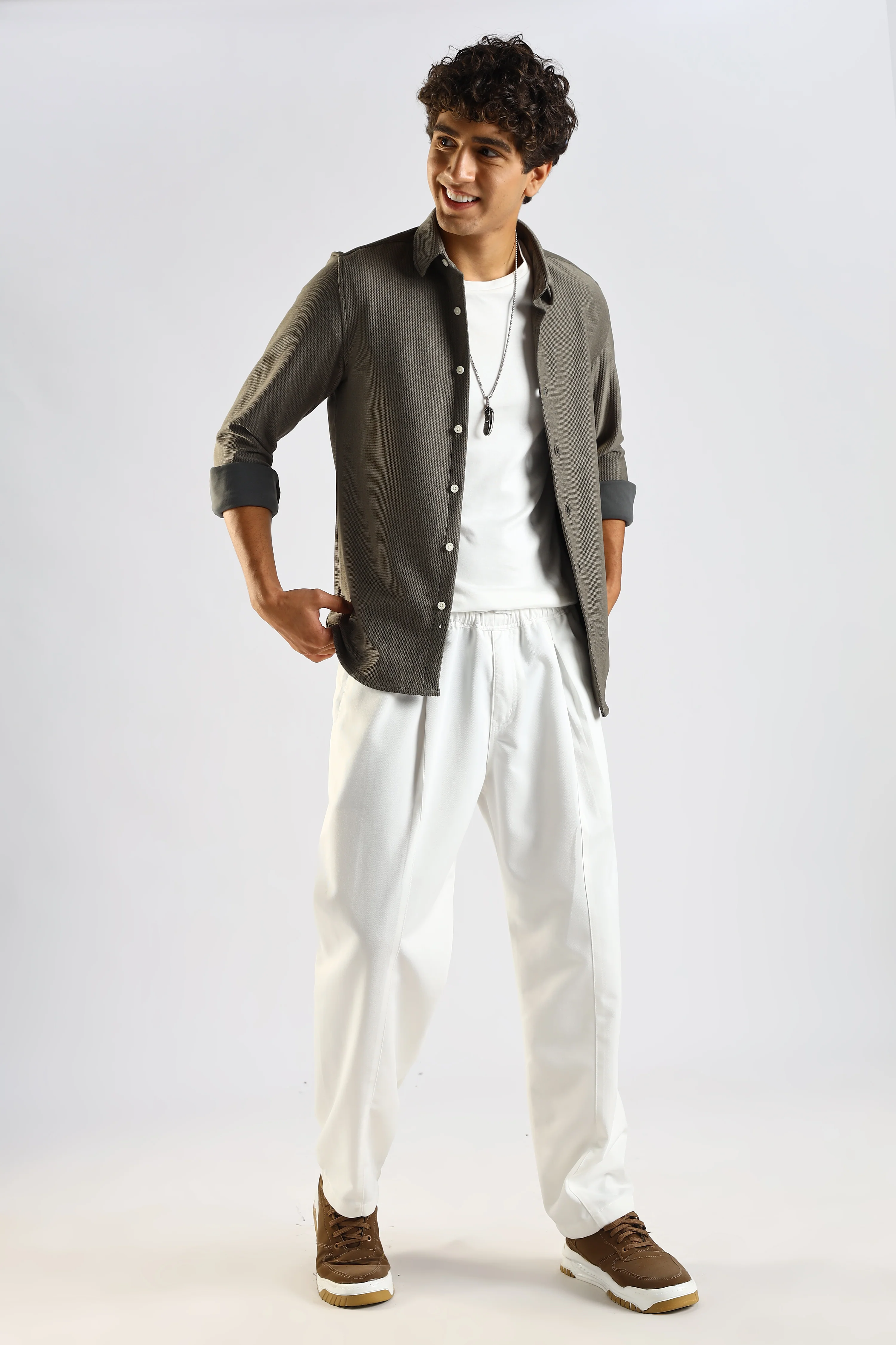 Men Olive Textured Spread Collar Shirt - Image 8